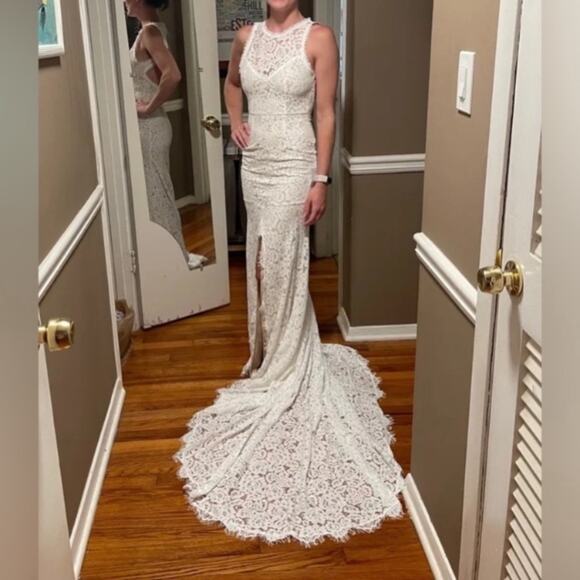 Lulu's White Lace Open Back Wedding Dress - Picture 12 of 16